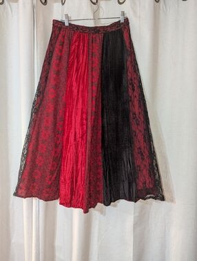 Red And Black Vintage Mixed Media Maxi Skirt Velvet And Lace Whimsigoth